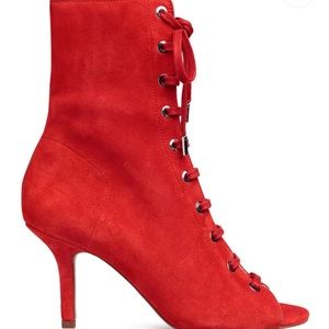 Red suede open toe booties
